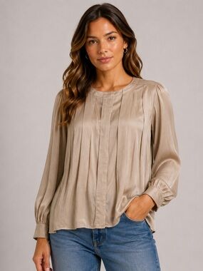 Vintage The Silk Farm Tan Blouse 100% Silk Women Size 10